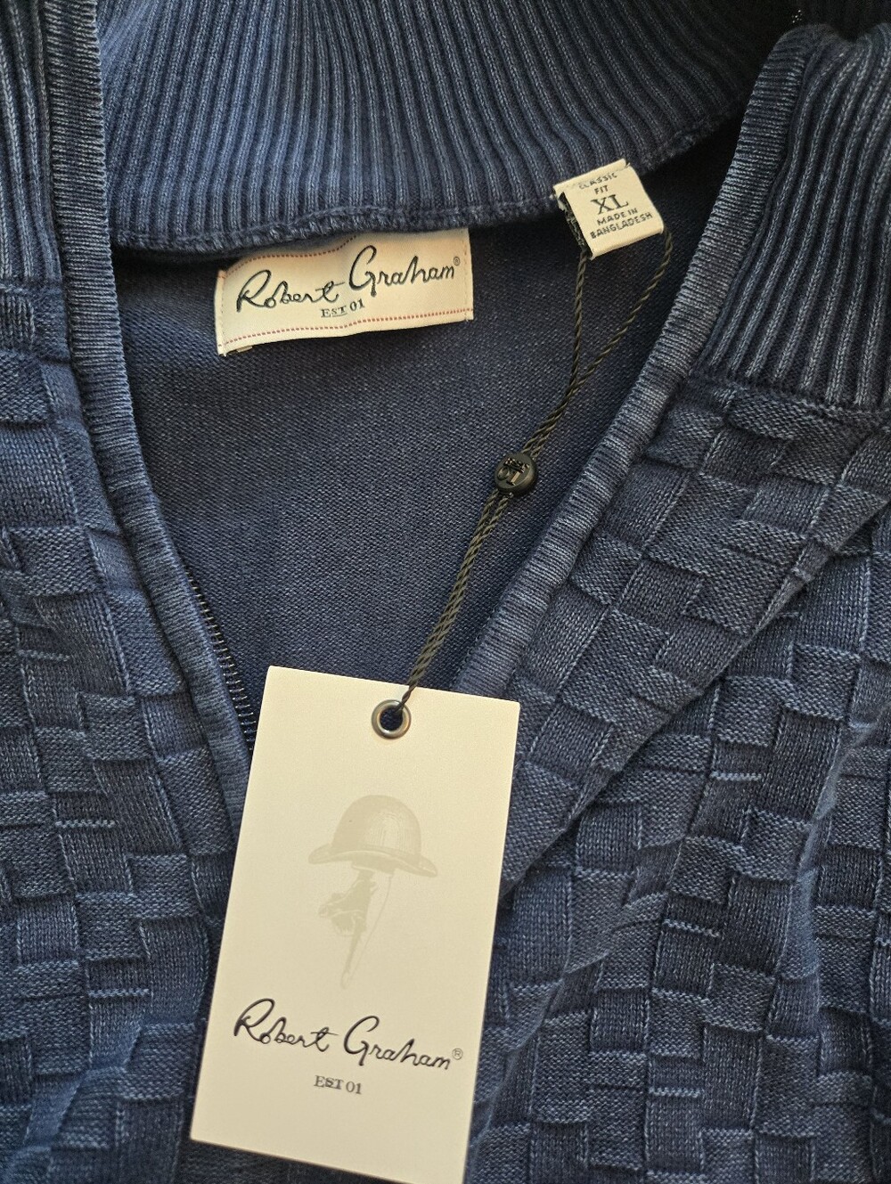Robert Graham Men's Textured Navy Zip-Up Sweater, 100% Cotton, XL NWT $198 - Picture 4 of 6